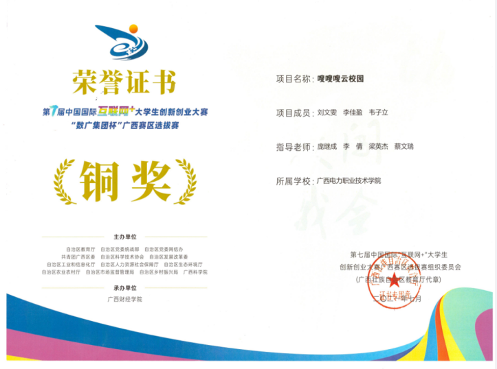广西职业院校技能大赛大数据技术与应用一等奖（参赛选手：韦棕耀 王万钟 吴绪洪 指导老师：赵林 李倩）